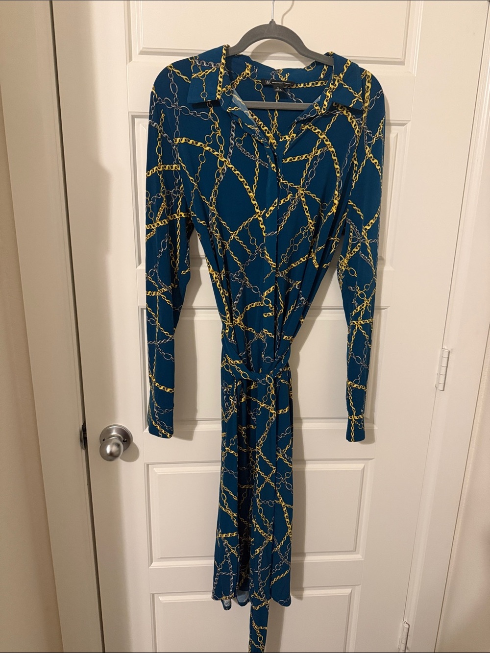 INC International Concepts Teal Chain-Print Long Sleeve Shirt Dress